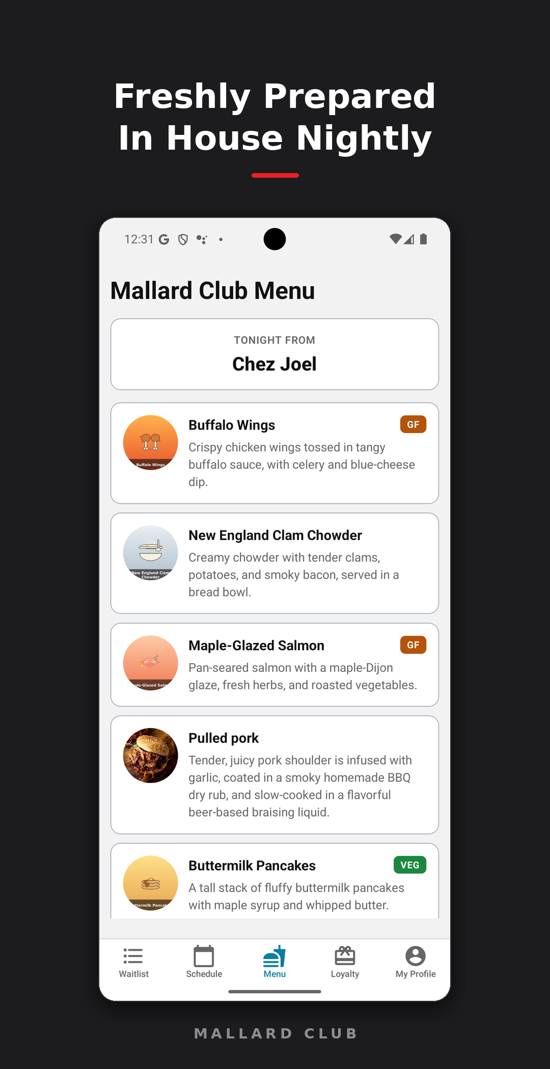 The kitchen menu screen