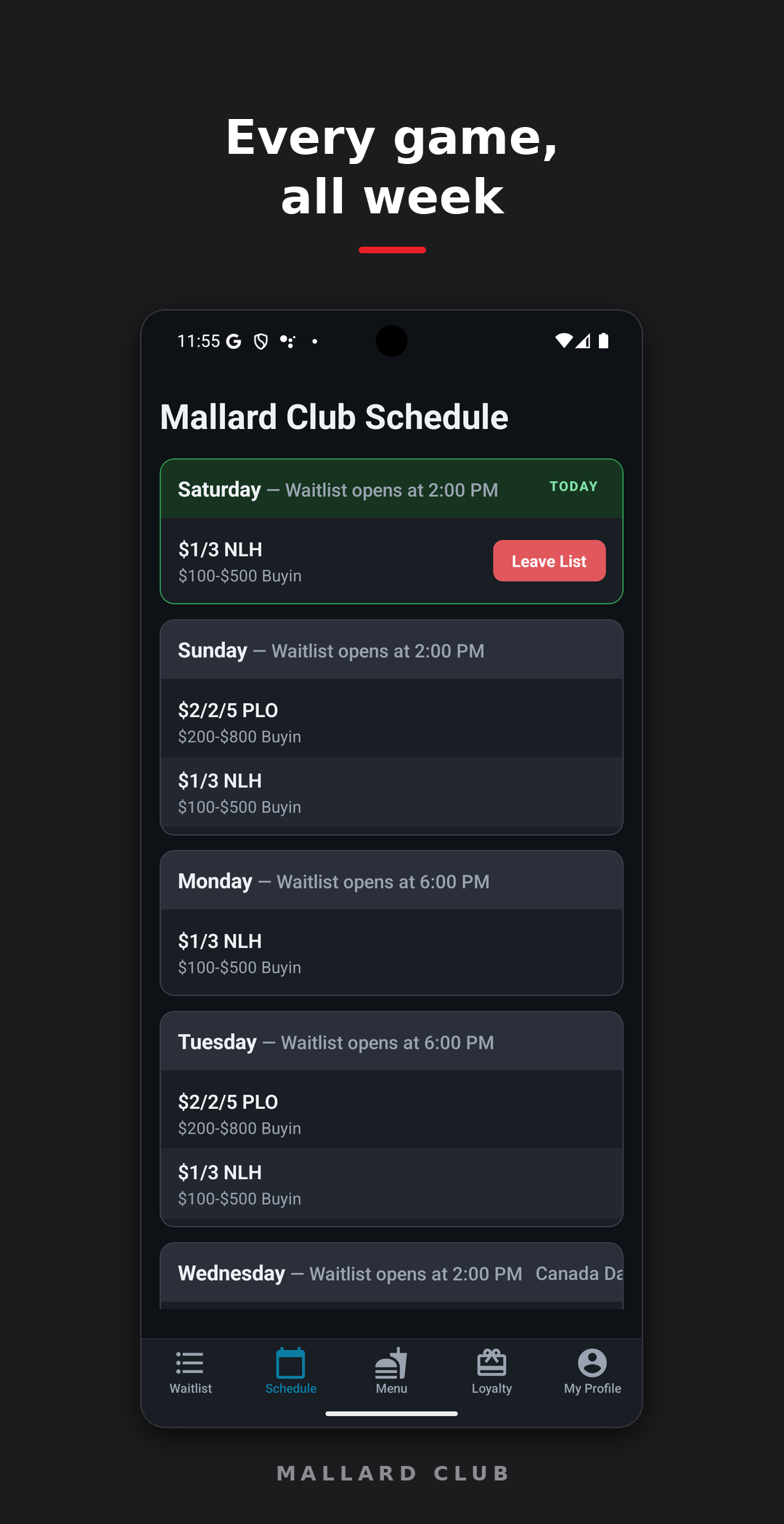 The weekly schedule screen