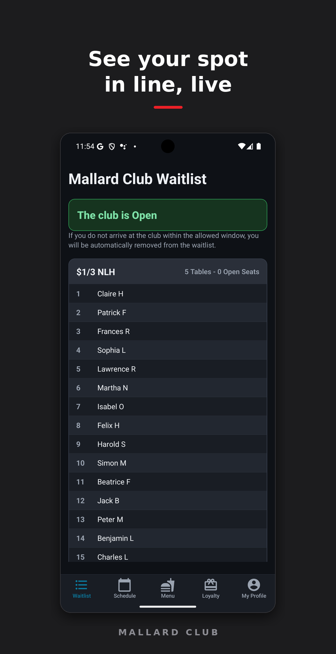 The live waitlist screen